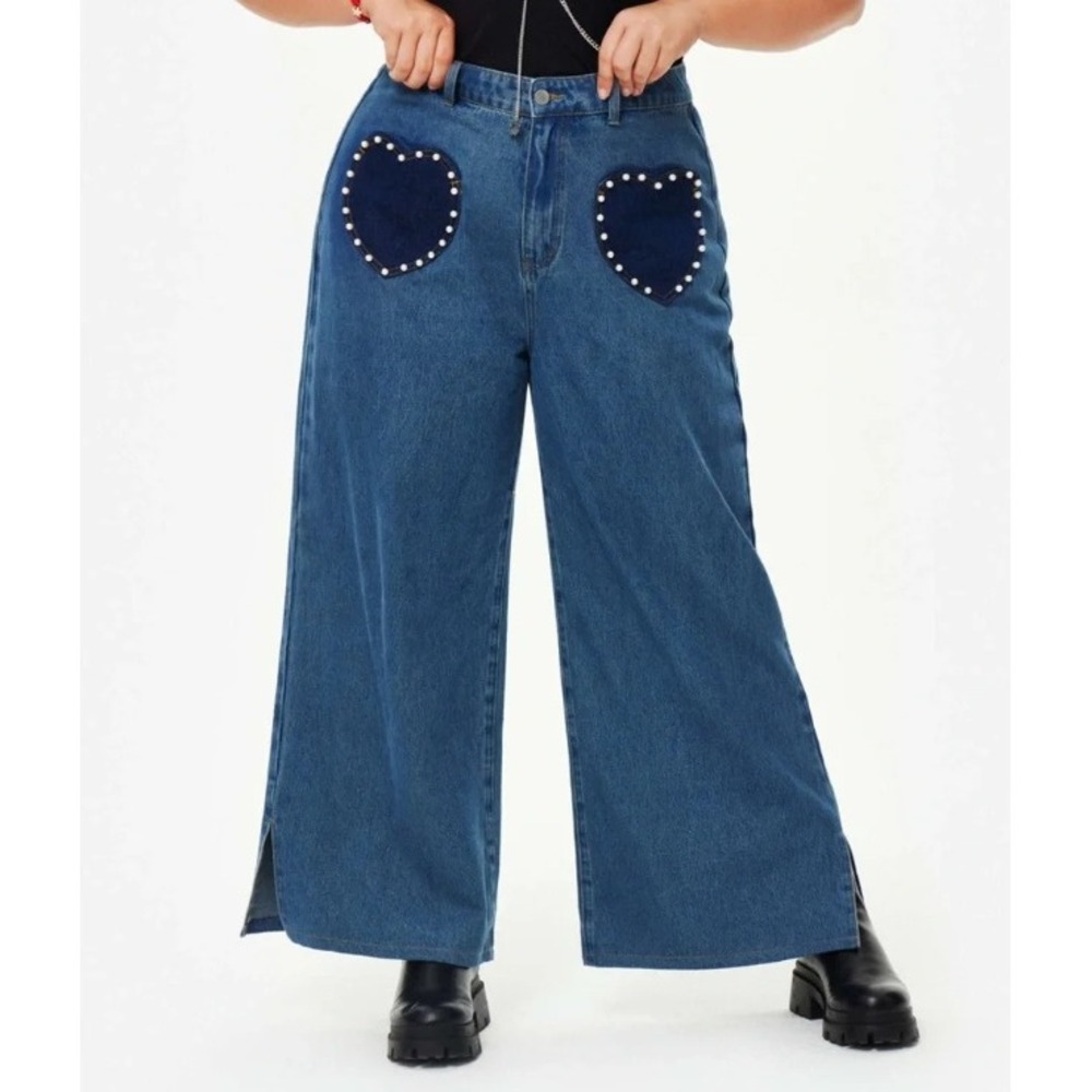 Cider Jeans Women 2XL Super Wide Leg  Blue Heart Pearl Pocket High Rise Coquette